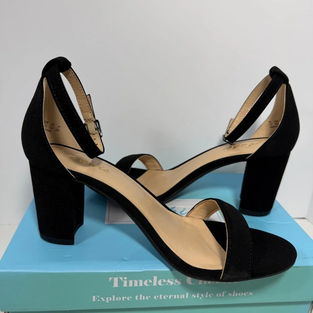 Ankis Women Black Faux Suede Block Heel Ankle Strap‎ Sandals Size 7.5 Open Toe